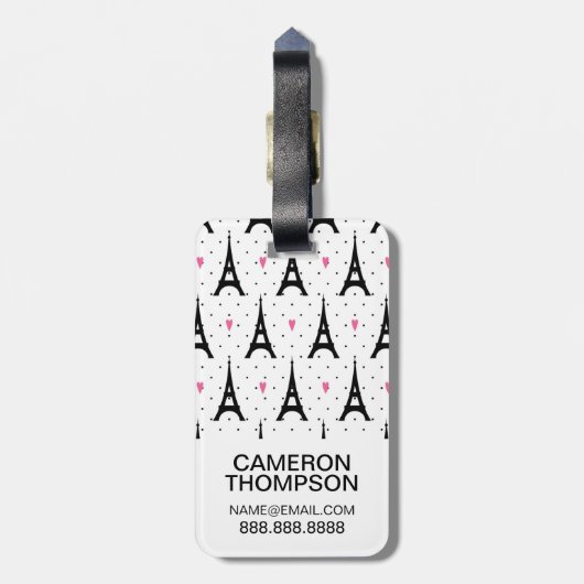 Eiffel Tower Polka Dots & Hearts Pattern Bagagelabel (Achterkant verticaal)