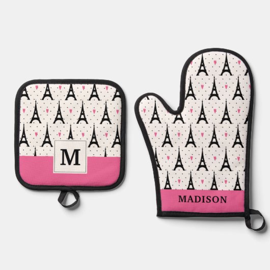 Eiffel Tower Polka Dots & Hearts Pattern Ovenwant & Pannenlap Set (Voorkant)