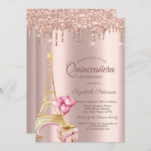Eiffel Tower Present Balloons Rose Gold Drips Kaart (Voorkant / Achterkant)