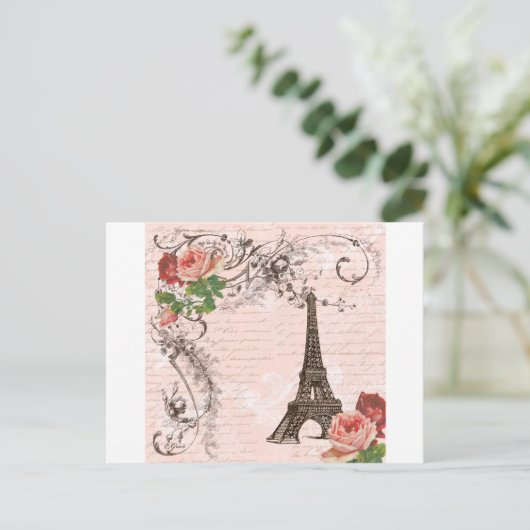 Eiffel Tower Red & Roze Rose Briefkaart (Staand voorkant)