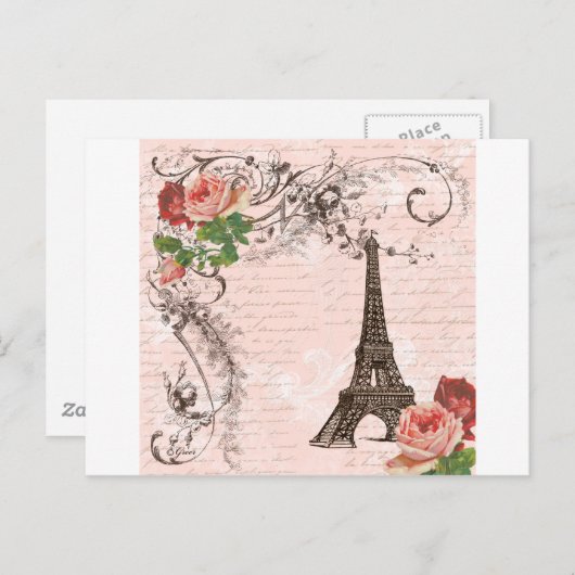 Eiffel Tower Red & Roze Rose Briefkaart (Voorkant / Achterkant)