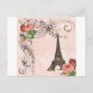 Eiffel Tower Red & Roze Rose Briefkaart
