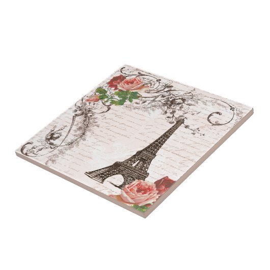 Eiffel Tower Red & Roze Rose Tegeltje (Zijkant)