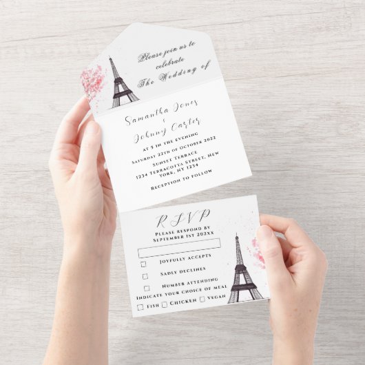 Eiffel Tower Romantic Paris Rustic Modern Wedding All In One Uitnodiging (Afscheurbaar)