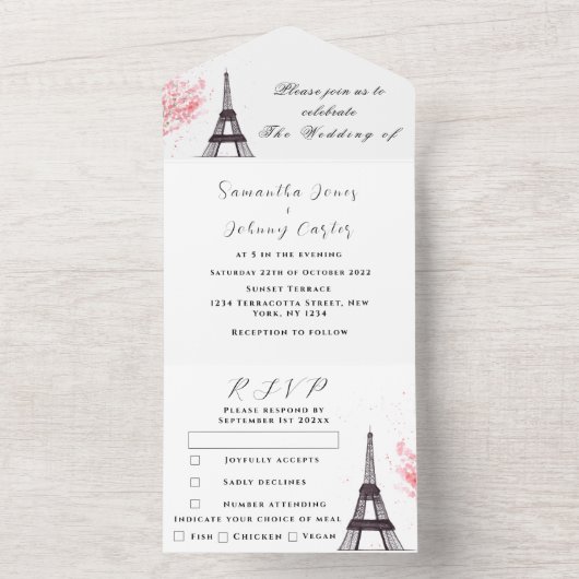 Eiffel Tower Romantic Paris Rustic Modern Wedding All In One Uitnodiging (Binnen)