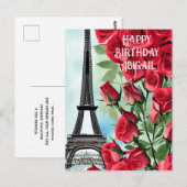 Eiffel Tower Romantic Red Roses Happy Birthday Briefkaart (Voorkant / Achterkant)