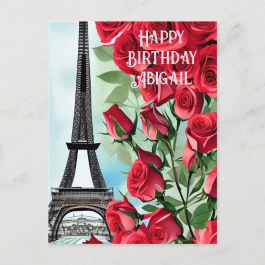 Eiffel Tower Romantic Red Roses Happy Birthday Briefkaart (Voorkant)