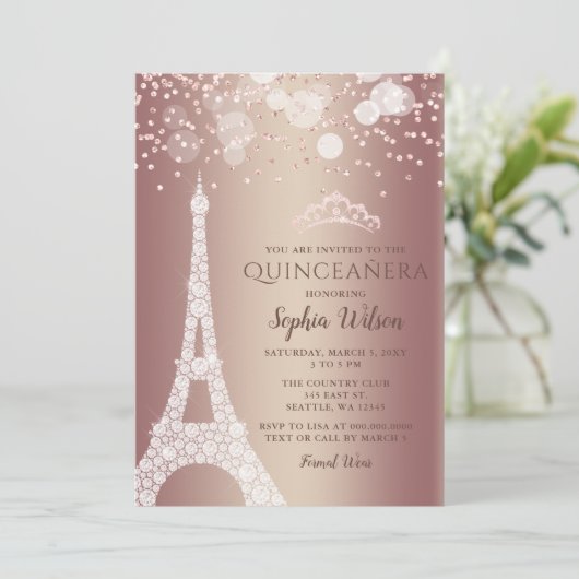 Eiffel Tower Roos Gold Sparkle Quinceañera Kaart (Staand voorkant)