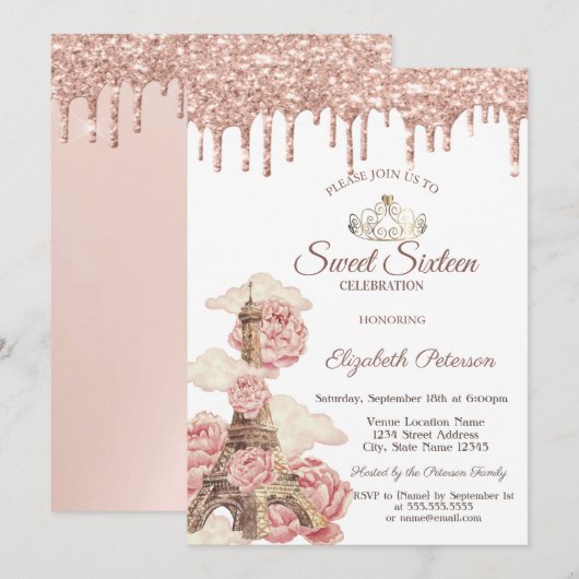Eiffel Tower  Rose Gold Glitter Drips Sweet 16 Kaart (Voorkant / Achterkant)