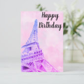 Eiffel Tower Roze Happy Birthday-postkaart Bedankkaart (Staand voorkant)