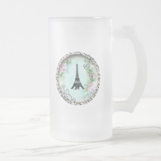 Eiffel Tower roze rozen en Zebra Print Matglas Bierpul (Rechts)