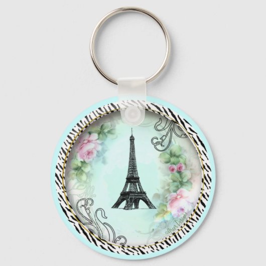 Eiffel Tower roze rozen en Zebra Print Sleutelhanger (Voorkant)