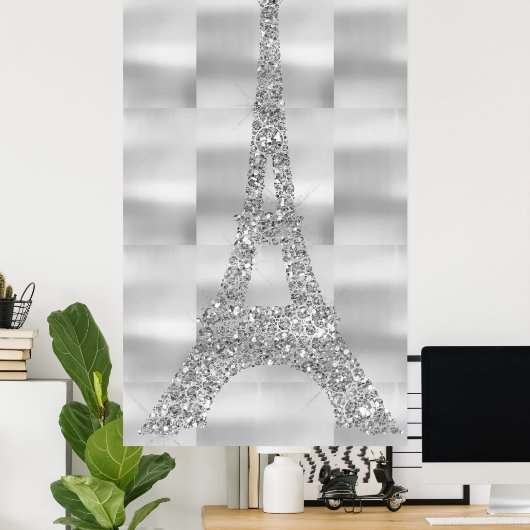 Eiffel Tower Silver Gray Swarovski Crystals Paris Poster (Thuiskantoor)