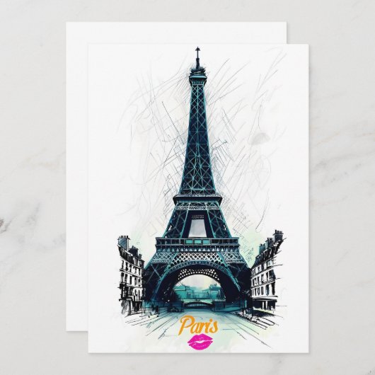Eiffel Tower Sketch Print, Line Drawing, Paris Kaart (Voorkant / Achterkant)