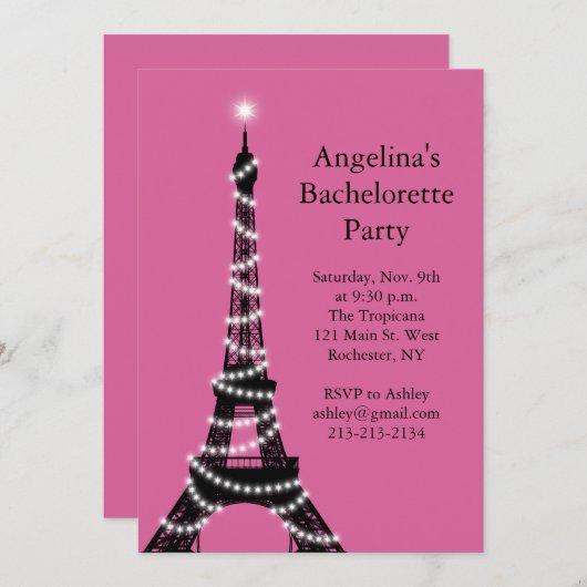 Eiffel Tower Sparkles Bachelorette Invite fuchsia Kaart (Voorkant / Achterkant)
