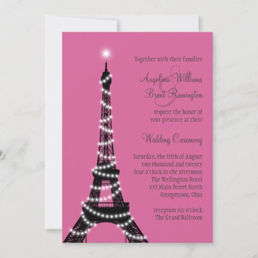Eiffel Tower Sparkles Wedding Invitation (fuchsia) Kaart (Voorkant)