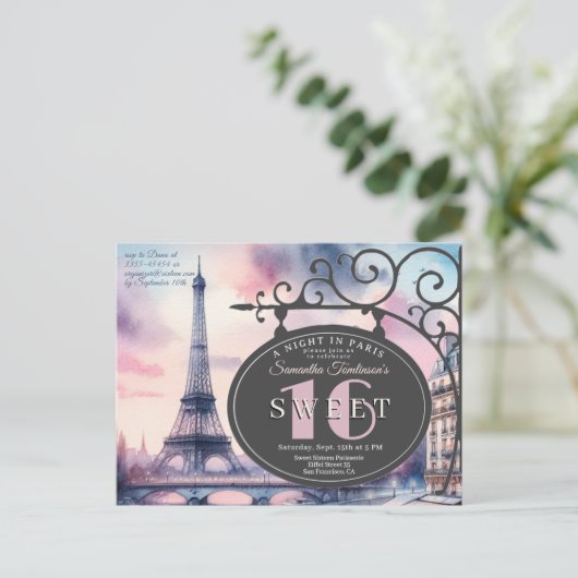 Eiffel Tower Sweet 16 Birthday Invitation Postcard Briefkaart (Staand voorkant)