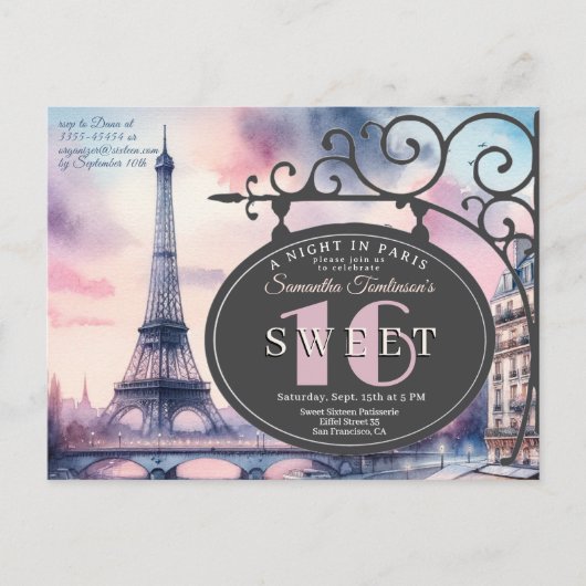 Eiffel Tower Sweet 16 Birthday Invitation Postcard Briefkaart (Voorkant)