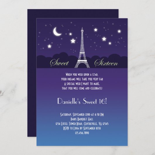 Eiffel Tower Sweet Sixteen Uitnodiging (Voorkant / Achterkant)