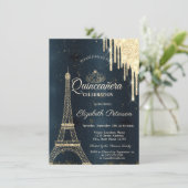 Eiffel Tower, Tiara, Drift Dark Blue Quinceañera Kaart (Staand voorkant)