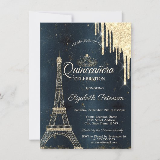 Eiffel Tower, Tiara, Drift Dark Blue Quinceañera Kaart (Voorkant)