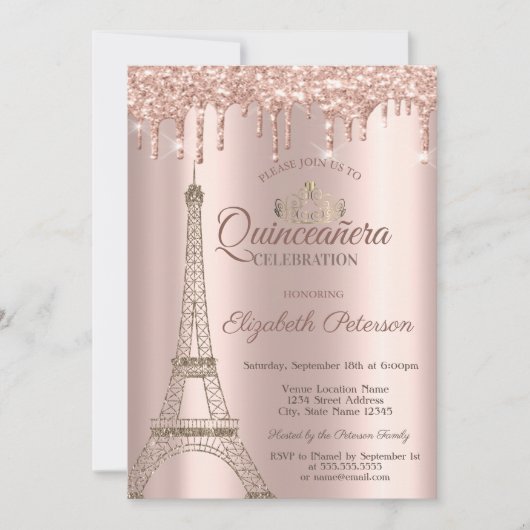Eiffel Tower, Tiara, Drift Roos Gold Quinceañera I Kaart (Voorkant)