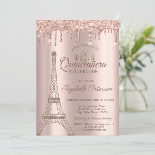 Eiffel Tower, Tiara, Drift Roos Gold Quinceañera I Kaart (Staand voorkant)