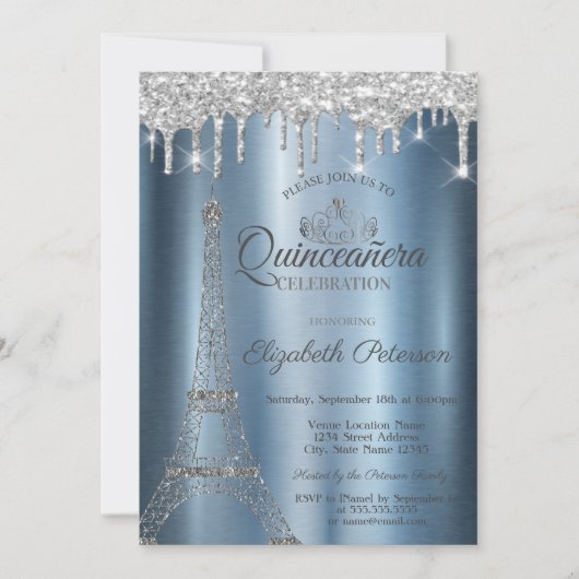 Eiffel Tower, Tiara, Drips Blue Metallic Quinceañe Kaart (Voorkant)