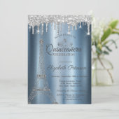 Eiffel Tower, Tiara, Drips Blue Metallic Quinceañe Kaart (Staand voorkant)