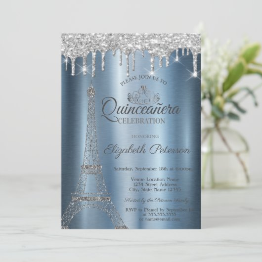 Eiffel Tower, Tiara, Drips Blue Metallic Quinceañe Kaart (Staand voorkant)
