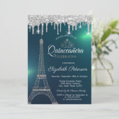 Eiffel Tower, Tiara, Drips Green Quinceañera Kaart (Staand voorkant)