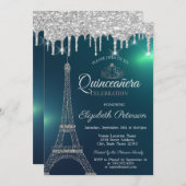 Eiffel Tower, Tiara, Drips Green Quinceañera Kaart (Voorkant / Achterkant)