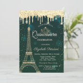 Eiffel Tower, Tiara, Drips Green Quinceañera Kaart (Staand voorkant)