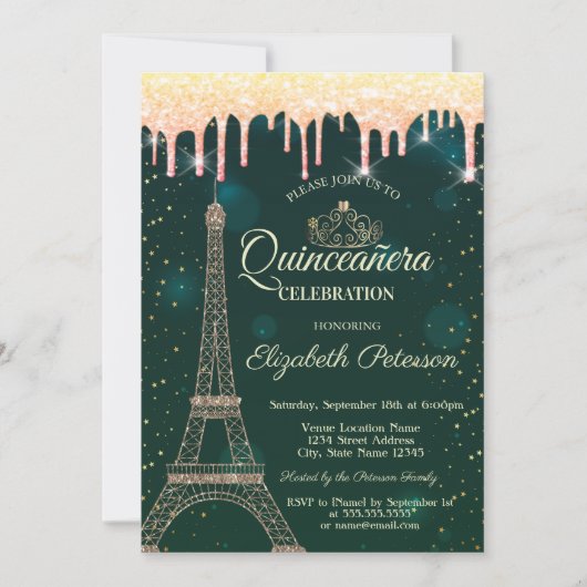 Eiffel Tower, Tiara, Drips Green Quinceañera Kaart (Voorkant)