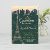 Eiffel Tower, Tiara, Drips Green Quinceañera Kaart (Staand voorkant)