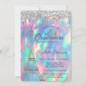 Eiffel Tower, Tiara, Drips Holographic Quinceañera Kaart (Voorkant)