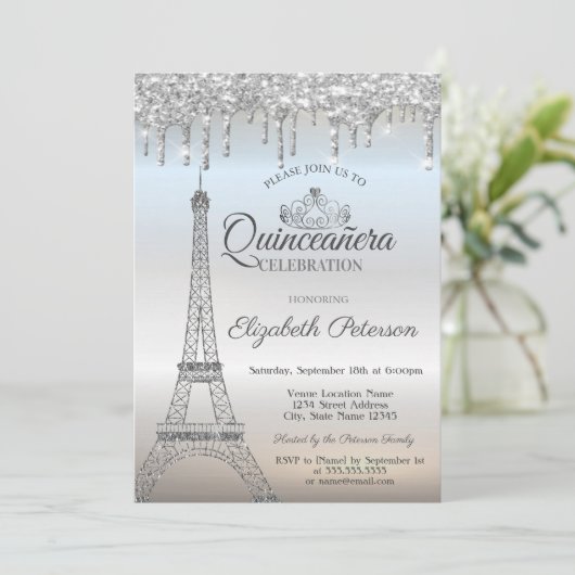 Eiffel Tower, Tiara, Drips Silver Quinceañera Kaart (Staand voorkant)