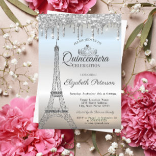 Eiffel Tower, Tiara, Drips Silver Quinceañera Kaart
