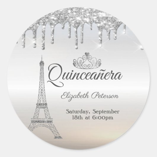 Eiffel Tower, Tiara, Drips Silver Quinceañera Ronde Sticker (Voorkant)