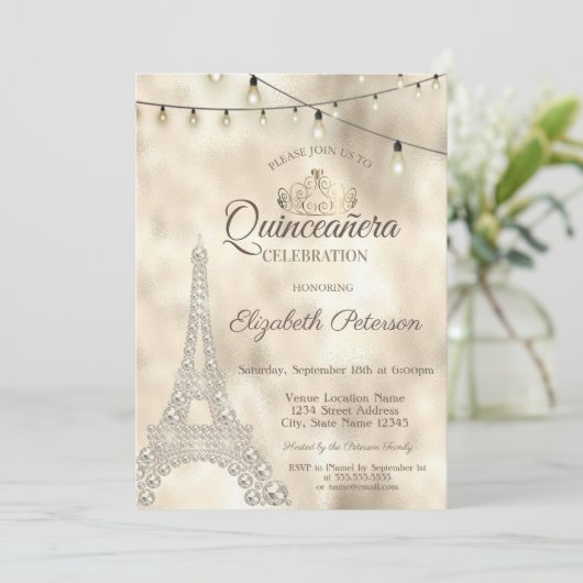 Eiffel Tower, Tiara Gold Quinceañera Kaart (Staand voorkant)