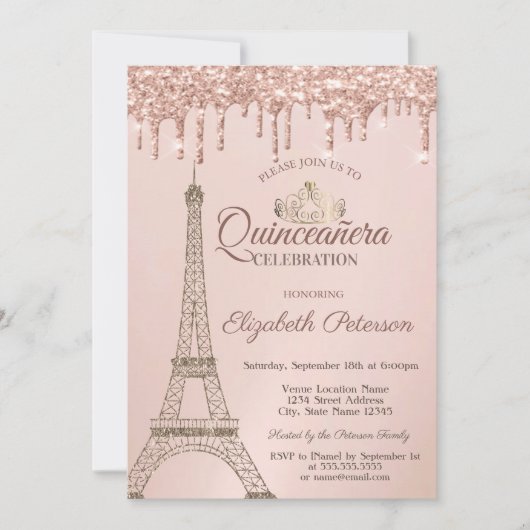 Eiffel Tower, Tiara, Roos Gold Drivers Quinceañera Kaart (Voorkant)