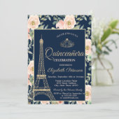 Eiffel Tower, Tiara, Rozen Navy Blue Quinceañera Kaart (Staand voorkant)