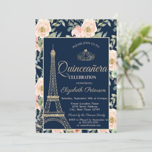 Eiffel Tower, Tiara, Rozen Navy Blue Quinceañera Kaart (Staand voorkant)