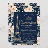 Eiffel Tower, Tiara, Rozen Navy Blue Quinceañera Kaart (Voorkant / Achterkant)