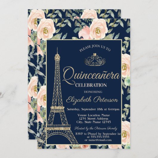 Eiffel Tower, Tiara, Rozen Navy Blue Quinceañera Kaart (Voorkant / Achterkant)
