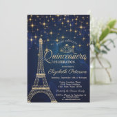 Eiffel Tower, Tiara, Stars Navy Blue Quinceañera Kaart (Staand voorkant)