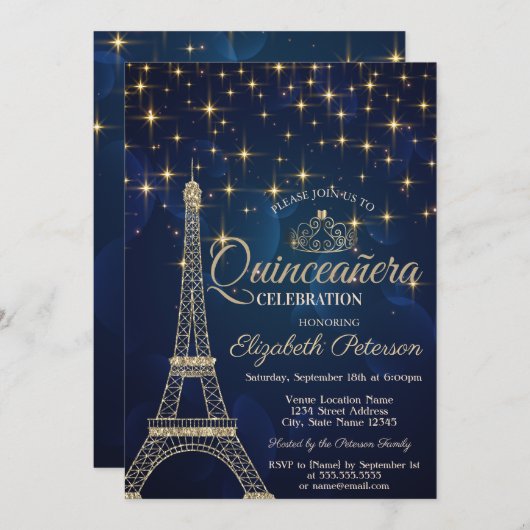 Eiffel Tower, Tiara, Stars Navy Blue Quinceañera Kaart (Voorkant / Achterkant)