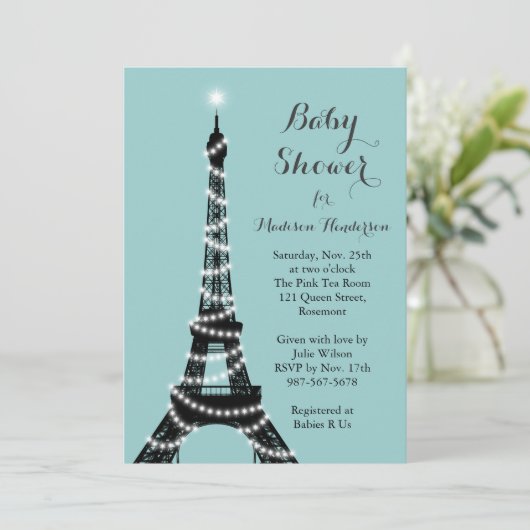Eiffel Tower Twinkles Baby shower Kaart (Staand voorkant)