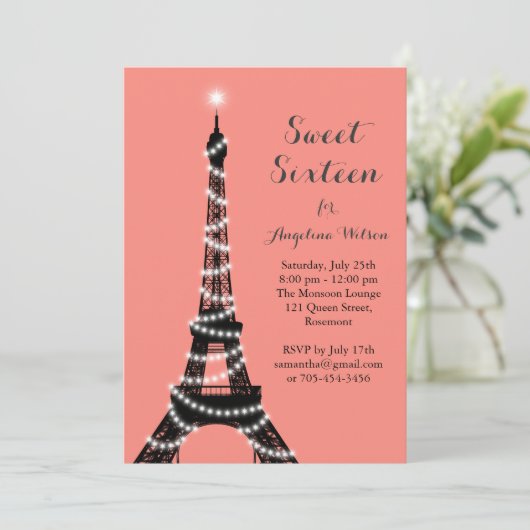 Eiffel Tower Twinkles Sweet 16 Uitnodiging (Staand voorkant)