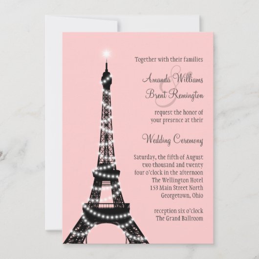Eiffel Tower Twinkles Wedding Invitation (roze) Kaart (Voorkant)